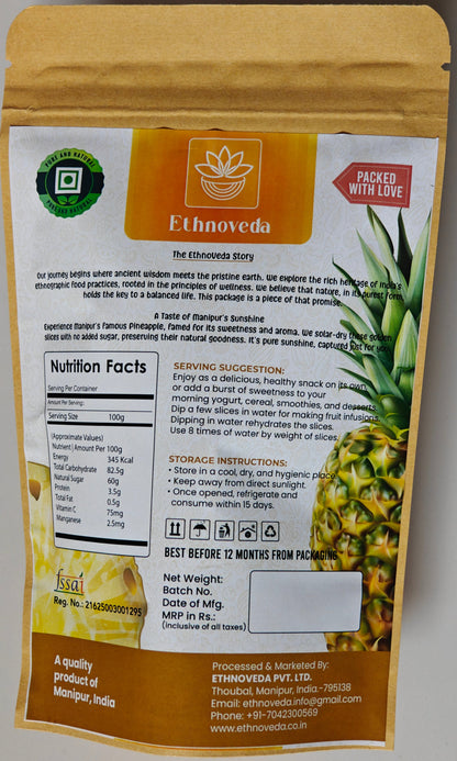 Ethnoveda naturally sweet dried pineapple package with nutrition facts label on a plain background